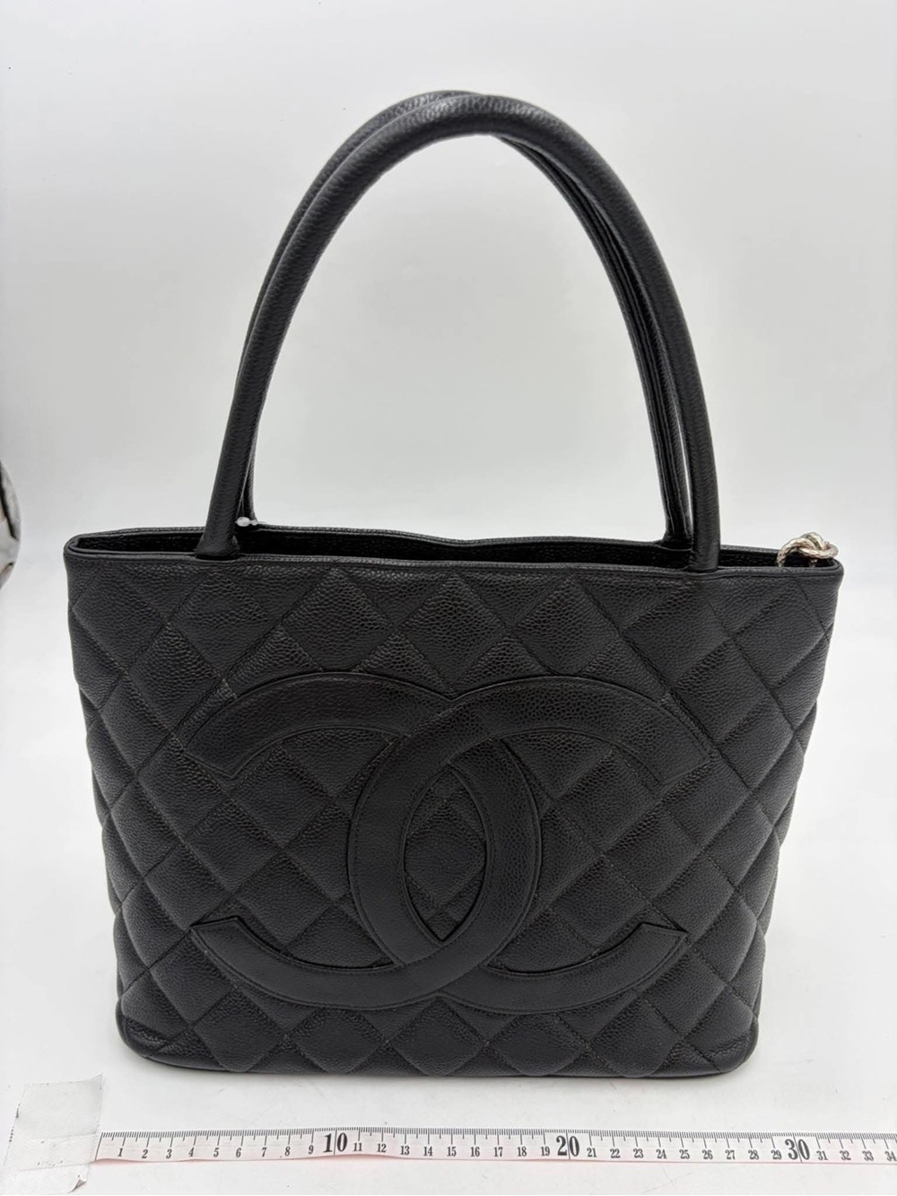 CHANEL Black Quilted Caviar Leather Shoulder Tote with Interlocking CC